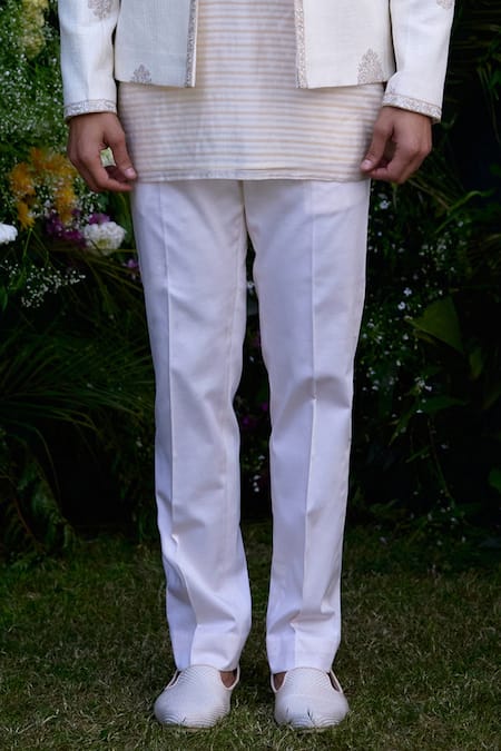 Shyam Narayan Prasad_White Silk, Chanderi, Cotton Zari Embroidered Jacket Kurta Set _Online_at_Aza_Fashions