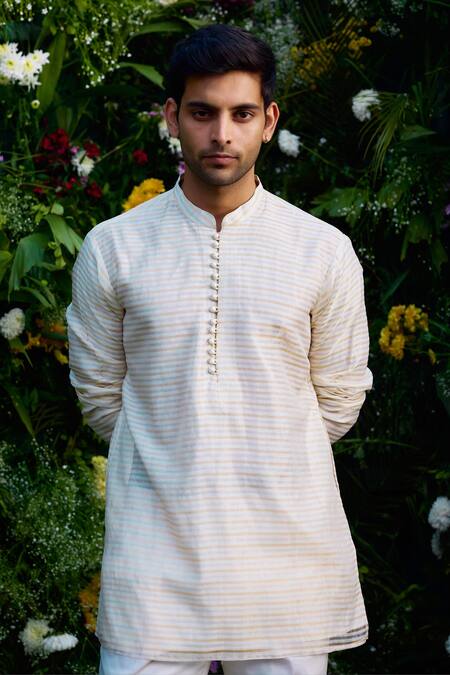 Buy_Shyam Narayan Prasad_White Silk, Chanderi, Cotton Zari Embroidered Jacket Kurta Set _Online_at_Aza_Fashions