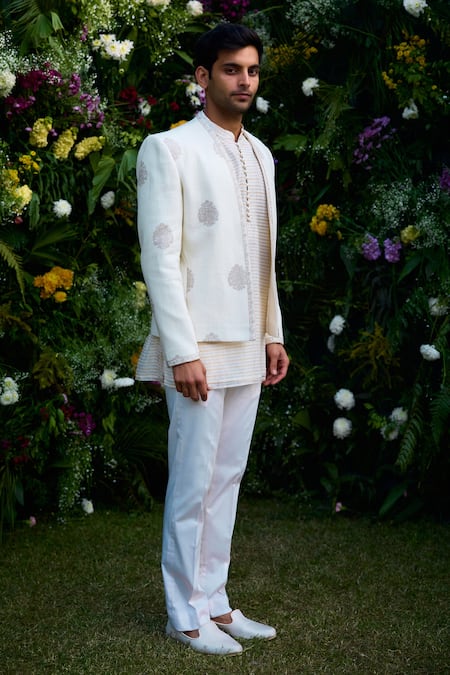 Shop_Shyam Narayan Prasad_White Silk, Chanderi, Cotton Zari Embroidered Jacket Kurta Set _Online_at_Aza_Fashions