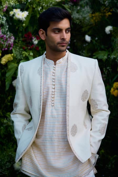 Buy_Shyam Narayan Prasad_White Silk, Chanderi, Cotton Zari Embroidered Jacket Kurta Set 