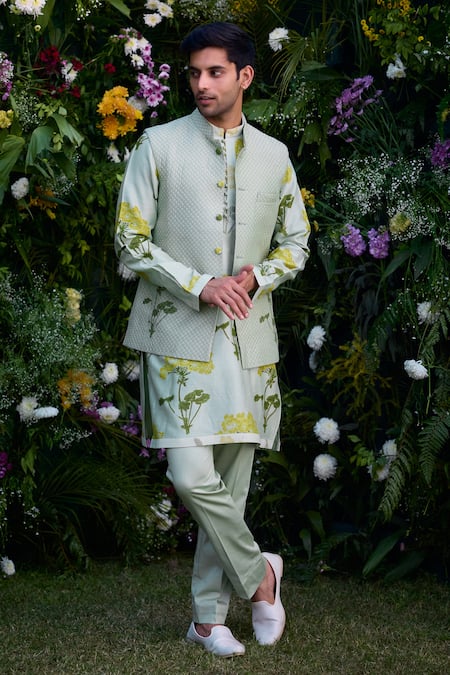 Shyam Narayan Prasad Green Chanderi Hand Block Printed Floral Waistcoat Kurta Set 