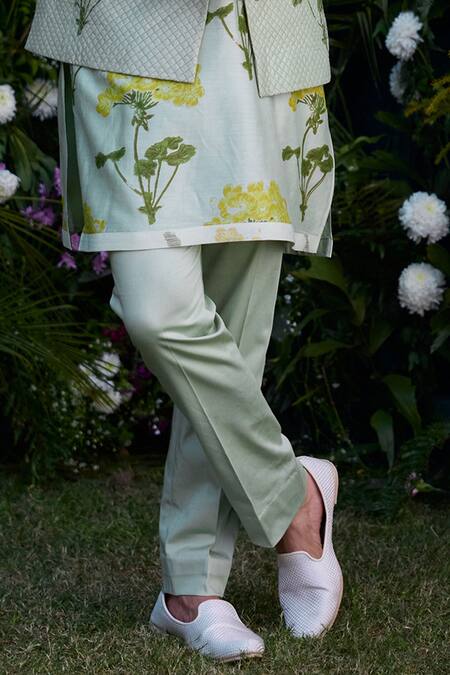 Buy_Shyam Narayan Prasad_Green Chanderi Embroidery Hand Block Print Waistcoat Kurta Set _Online_at_Aza_Fashions