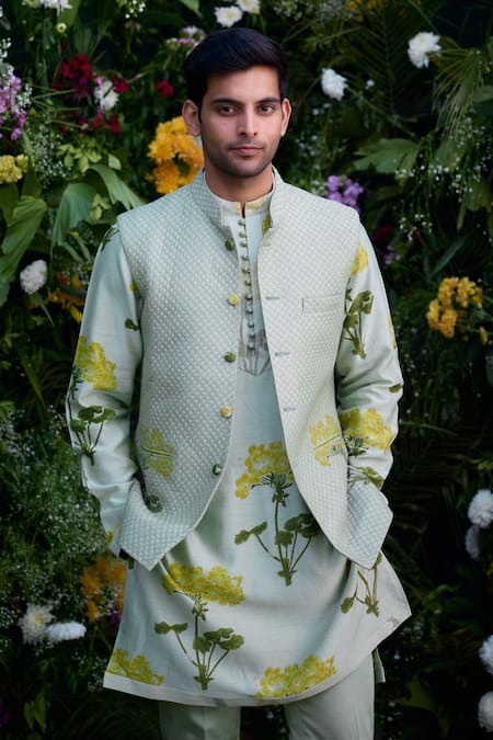 Shyam Narayan Prasad_Green Chanderi Embroidery Hand Block Print Waistcoat Kurta Set _at_Aza_Fashions
