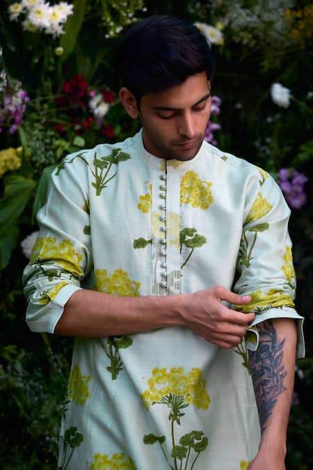 Shyam Narayan Prasad_Green Chanderi Embroidery Hand Block Print Kurta And Trouser Set _Online_at_Aza_Fashions