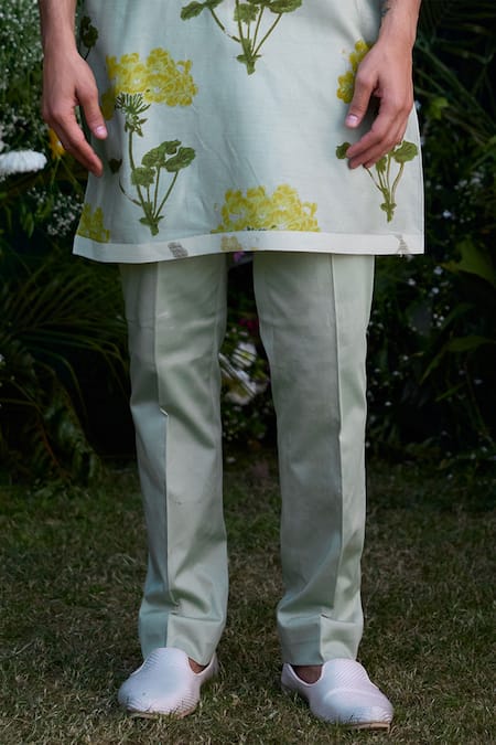 Buy_Shyam Narayan Prasad_Green Chanderi Embroidery Hand Block Print Kurta And Trouser Set _Online_at_Aza_Fashions