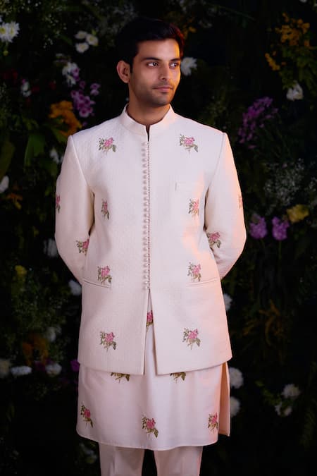 Shyam Narayan Prasad Floral Block Pattern Jacket Kurta Set 