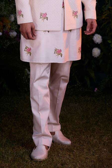 Shyam Narayan Prasad_White Silk Chanderi Hand Block Printed Floral Pattern Jacket Kurta Set _Online_at_Aza_Fashions