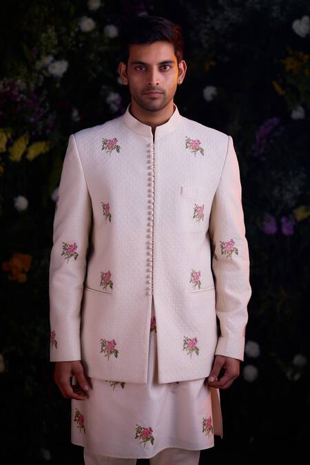 Buy_Shyam Narayan Prasad_White Silk Chanderi Hand Block Printed Floral Pattern Jacket Kurta Set _Online_at_Aza_Fashions