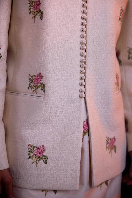 Shop_Shyam Narayan Prasad_White Silk Chanderi Hand Block Printed Floral Pattern Jacket Kurta Set _Online_at_Aza_Fashions