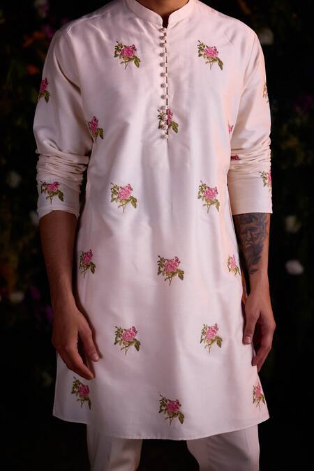 Buy_Shyam Narayan Prasad_White Silk, Chanderi Embroidery Floral Pattern Kurta And Trouser Set _Online_at_Aza_Fashions