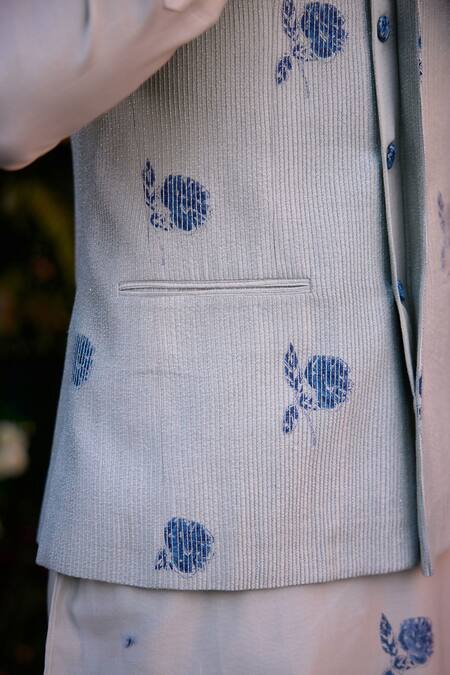 Shyam Narayan Prasad_Blue Chanderi Embroidery Hand Block Print Waistcoat Kurta Set _Online_at_Aza_Fashions