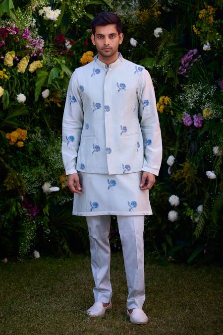 Buy_Shyam Narayan Prasad_Blue Chanderi Embroidery Hand Block Print Waistcoat Kurta Set _Online_at_Aza_Fashions