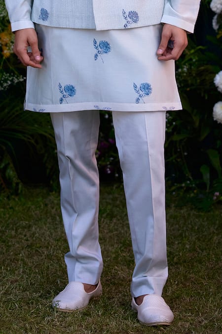 Shop_Shyam Narayan Prasad_Blue Chanderi Embroidery Hand Block Print Waistcoat Kurta Set _Online_at_Aza_Fashions