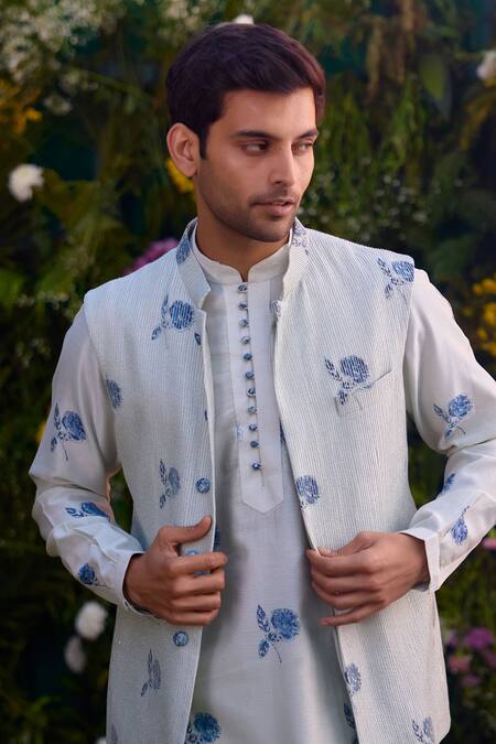 Shyam Narayan Prasad_Blue Chanderi Embroidery Hand Block Print Waistcoat Kurta Set _at_Aza_Fashions