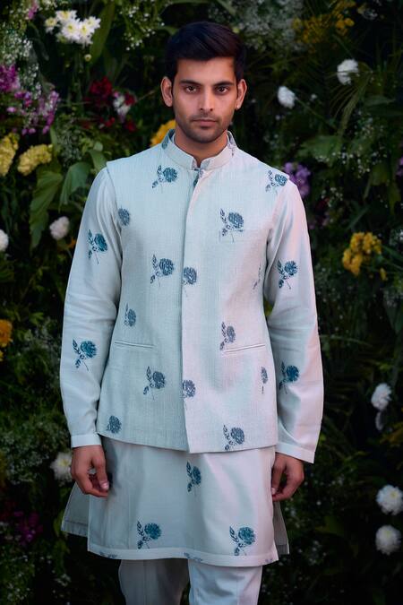 Buy_Shyam Narayan Prasad_Blue Chanderi Embroidery Hand Block Print Waistcoat Kurta Set 