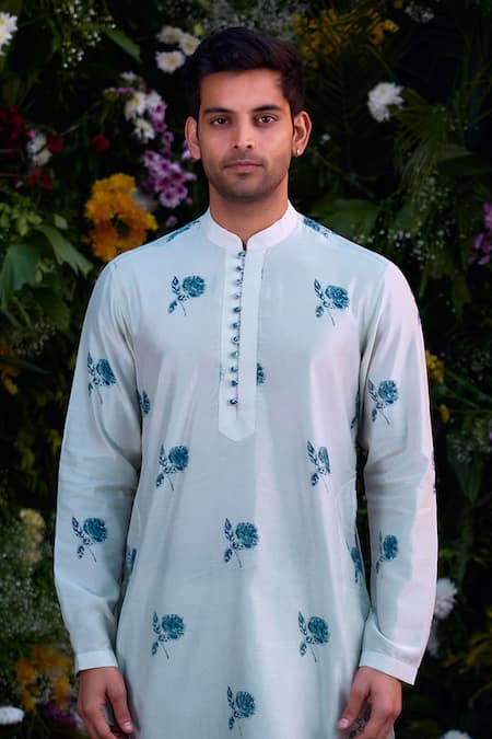 Shyam Narayan Prasad_Blue Chanderi Embroidery Floral Hand Block Print Kurta And Trouser Set _Online_at_Aza_Fashions