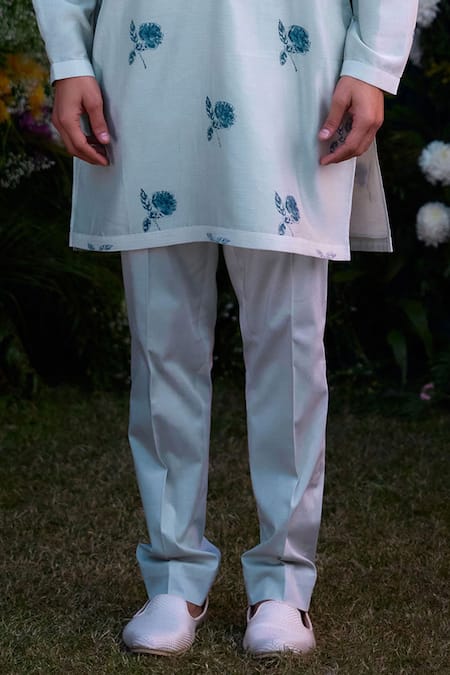 Buy_Shyam Narayan Prasad_Blue Chanderi Embroidery Floral Hand Block Print Kurta And Trouser Set _Online_at_Aza_Fashions