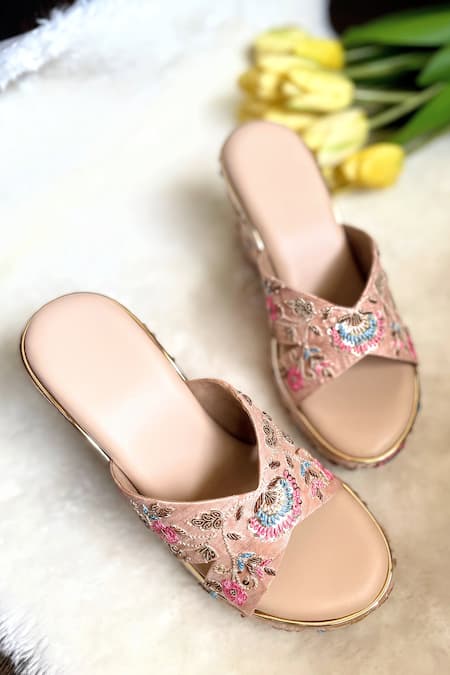 Shop_Modanta Footwear_Pink Embroidery, Beads Floral Bridal Wedges _at_Aza_Fashions