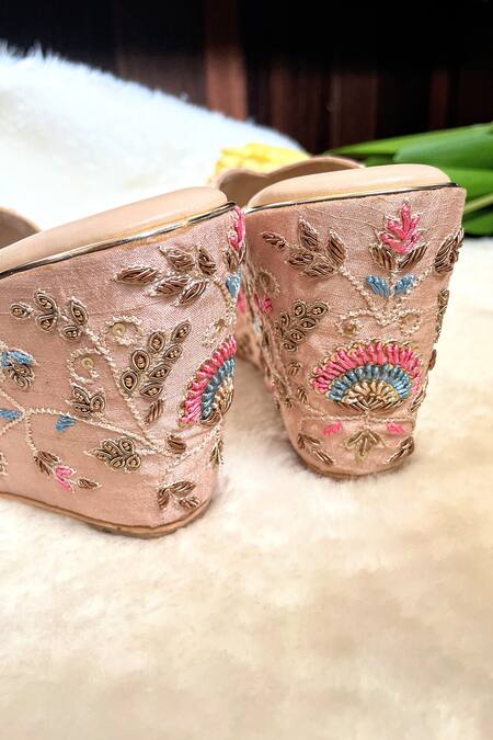 Modanta Footwear_Pink Embroidery, Beads Floral Bridal Wedges _Online_at_Aza_Fashions