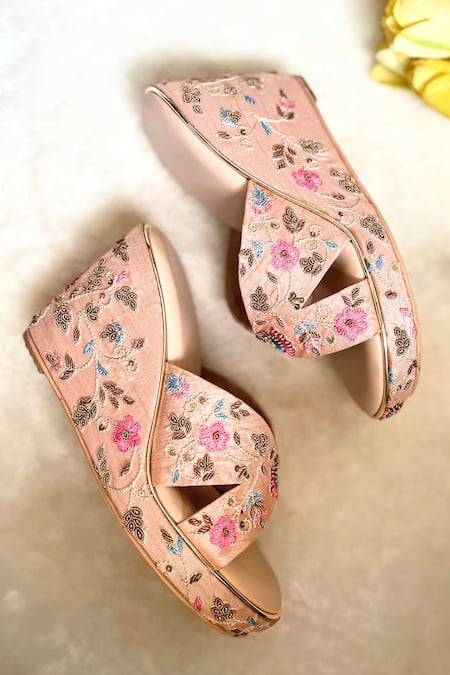 Buy_Modanta Footwear_Pink Embroidery, Beads Floral Bridal Wedges _Online_at_Aza_Fashions
