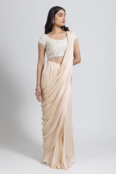 NIMA FASHIONS Pre-Draped Saree With Hand Embroidered Blouse 