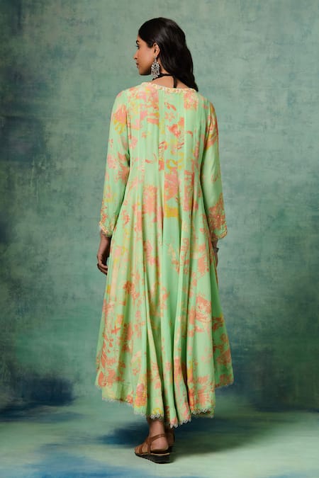 Shop Saundh Green Organza, Crepe Sequins, Tassels, Preet Flower Print Panelled Anarkali Set at Aza Fashions Shop_Saundh_Green Organza, Crepe Sequins, Tassels, Preet Flower Print Panelled Anarkali Set _at_Aza_Fashions