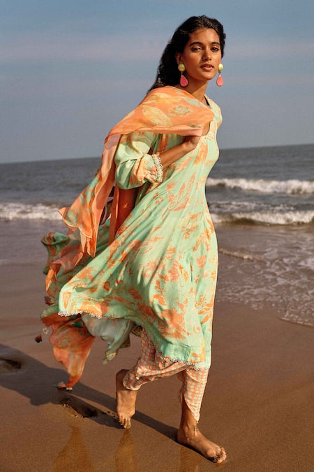 Saundh Green Organza, Crepe Sequins, Tassels, Preet Flower Print Panelled Anarkali Set Online at Aza Fashions Saundh_Green Organza, Crepe Sequins, Tassels, Preet Flower Print Panelled Anarkali Set _Online_at_Aza_Fashions