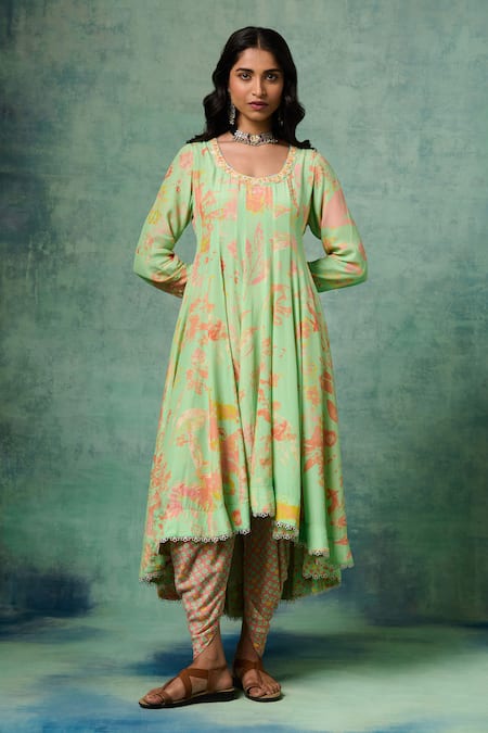 Buy Saundh Green Organza, Crepe Sequins, Tassels, Preet Flower Print Panelled Anarkali Set Online at Aza Fashions Buy_Saundh_Green Organza, Crepe Sequins, Tassels, Preet Flower Print Panelled Anarkali Set _Online_at_Aza_Fashions
