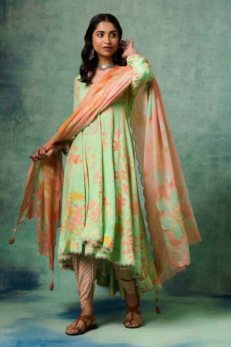 Shop Saundh Green Organza, Crepe Sequins, Tassels, Preet Flower Print Panelled Anarkali Set Online at Aza Fashions Shop_Saundh_Green Organza, Crepe Sequins, Tassels, Preet Flower Print Panelled Anarkali Set _Online_at_Aza_Fashions