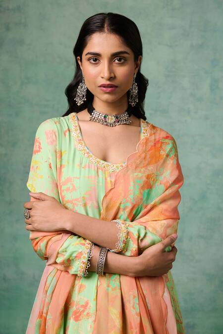 Saundh Green Organza, Crepe Sequins, Tassels, Preet Flower Print Panelled Anarkali Set at Aza Fashions Saundh_Green Organza, Crepe Sequins, Tassels, Preet Flower Print Panelled Anarkali Set _at_Aza_Fashions