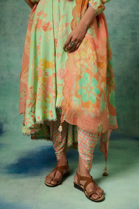 Buy Saundh Green Organza, Crepe Sequins, Tassels, Preet Flower Print Panelled Anarkali Set Buy_Saundh_Green Organza, Crepe Sequins, Tassels, Preet Flower Print Panelled Anarkali Set