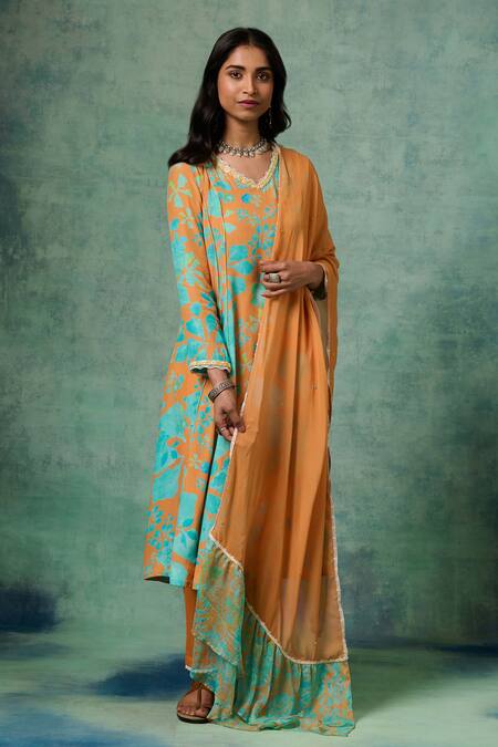Saundh_Orange Muslin, Georgette, Cotton Satin, Viscose Floral Print A-line Kurta Set_Online_at_Aza_Fashions
