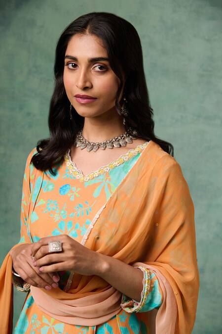 Shop_Saundh_Orange Muslin, Georgette, Cotton Satin, Viscose Floral Print A-line Kurta Set_Online_at_Aza_Fashions