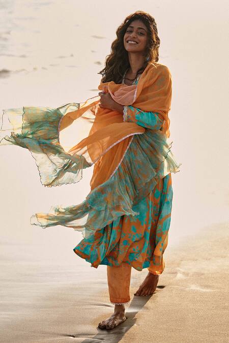 Buy_Saundh_Orange Muslin, Georgette, Cotton Satin, Viscose Floral Print A-line Kurta Set
