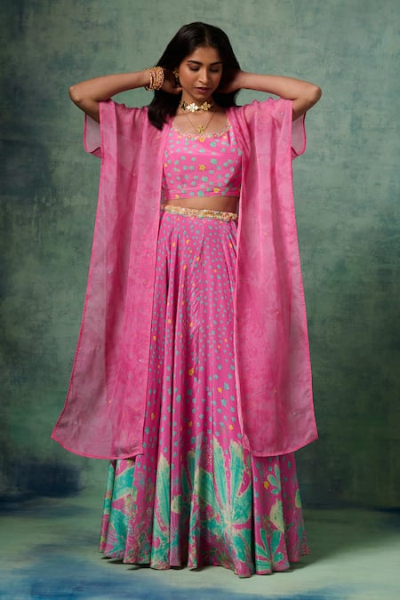 Saundh Pink Crepe, Voile Embroidery, Beads Round Neck Floral Print Cape Lehenga Set Online at Aza Fashions Saundh_Pink Crepe, Voile Embroidery, Beads Round Neck Floral Print Cape Lehenga Set _Online_at_Aza_Fashions