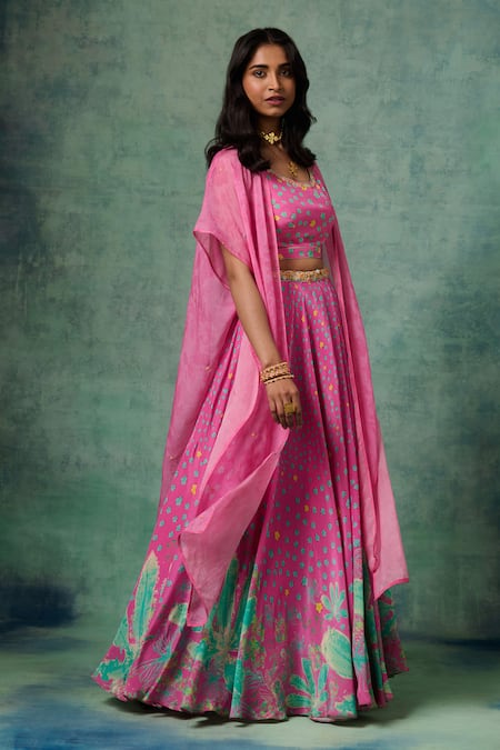 Shop Saundh Pink Crepe, Voile Embroidery, Beads Round Neck Floral Print Cape Lehenga Set Online at Aza Fashions Shop_Saundh_Pink Crepe, Voile Embroidery, Beads Round Neck Floral Print Cape Lehenga Set _Online_at_Aza_Fashions