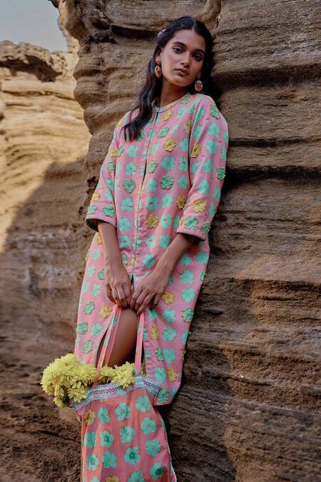 Saundh Peach Cotton Embroidery, Applique Bandeau Neck Flower Print And Jacket Online at Aza Fashions Saundh_Peach Cotton Embroidery, Applique Bandeau Neck Flower Print And Jacket _Online_at_Aza_Fashions