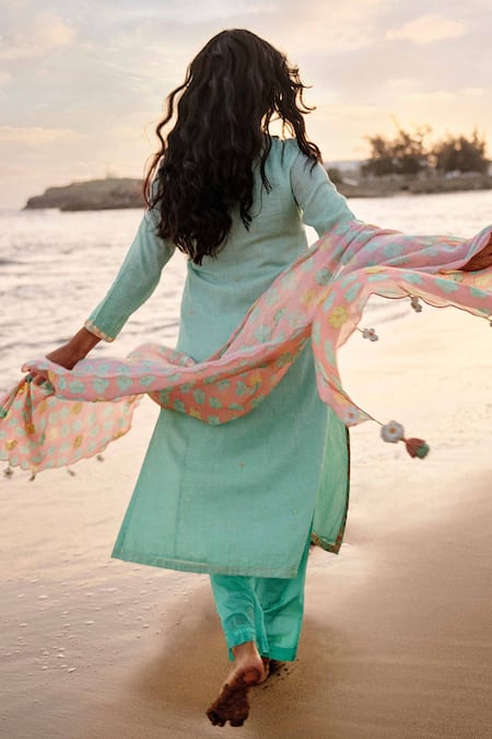 Shop Saundh Green , Satin Lace, Sequins, Kinari Neckline Embellished Kurta Set at Aza Fashions Shop_Saundh_Green , Satin Lace, Sequins, Kinari Neckline Embellished Kurta Set _at_Aza_Fashions