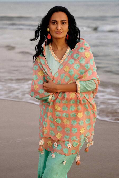 Saundh Green , Satin Lace, Sequins, Kinari Neckline Embellished Kurta Set at Aza Fashions Saundh_Green , Satin Lace, Sequins, Kinari Neckline Embellished Kurta Set _at_Aza_Fashions