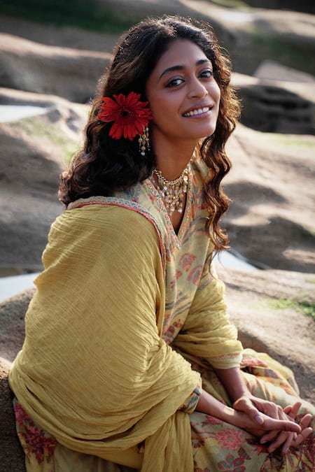 Buy_Saundh_Green Muslin, Satin, Beads, Imara Botanical Print Kurta Set_Online_at_Aza_Fashions