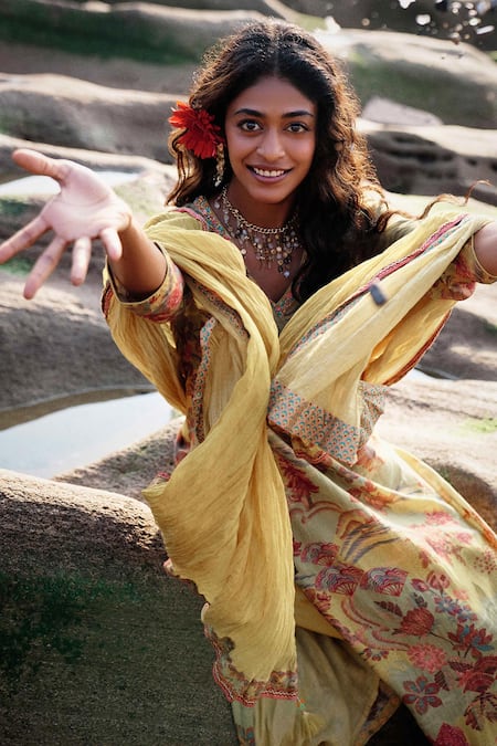 Shop_Saundh_Green Muslin, Satin, Beads, Imara Botanical Print Kurta Set_Online_at_Aza_Fashions