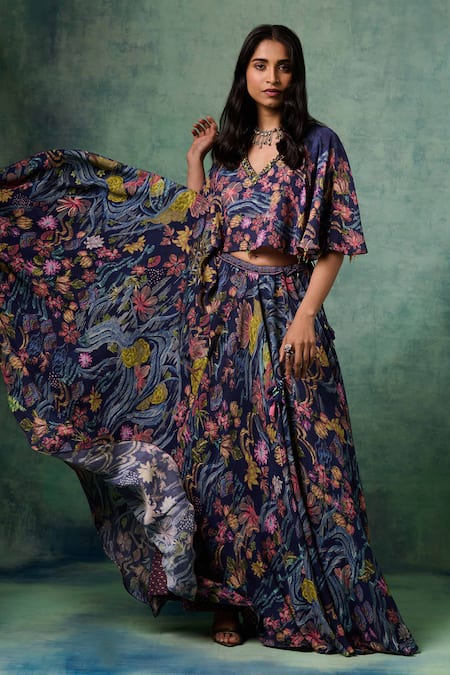 Saundh Blue Viscose, Georgette, Cotton, Aria Botanical Print Lehenga And Cape Blouse Set Online at Aza Fashions Saundh_Blue Viscose, Georgette, Cotton, Aria Botanical Print Lehenga And Cape Blouse Set_Online_at_Aza_Fashions