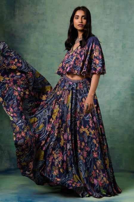 Buy Saundh Blue Viscose, Georgette, Cotton, Aria Botanical Print Lehenga And Cape Blouse Set Online at Aza Fashions Buy_Saundh_Blue Viscose, Georgette, Cotton, Aria Botanical Print Lehenga And Cape Blouse Set_Online_at_Aza_Fashions