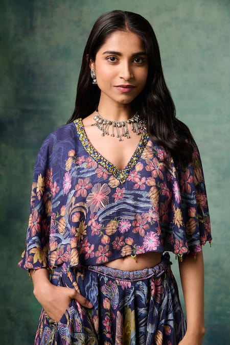 Shop Saundh Blue Viscose, Georgette, Cotton, Aria Botanical Print Lehenga And Cape Blouse Set Online at Aza Fashions Shop_Saundh_Blue Viscose, Georgette, Cotton, Aria Botanical Print Lehenga And Cape Blouse Set_Online_at_Aza_Fashions