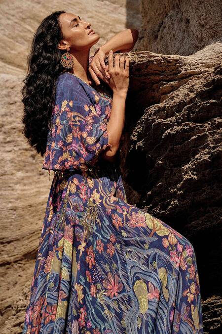 Saundh Blue Viscose, Georgette, Cotton, Aria Botanical Print Lehenga And Cape Blouse Set at Aza Fashions Saundh_Blue Viscose, Georgette, Cotton, Aria Botanical Print Lehenga And Cape Blouse Set_at_Aza_Fashions