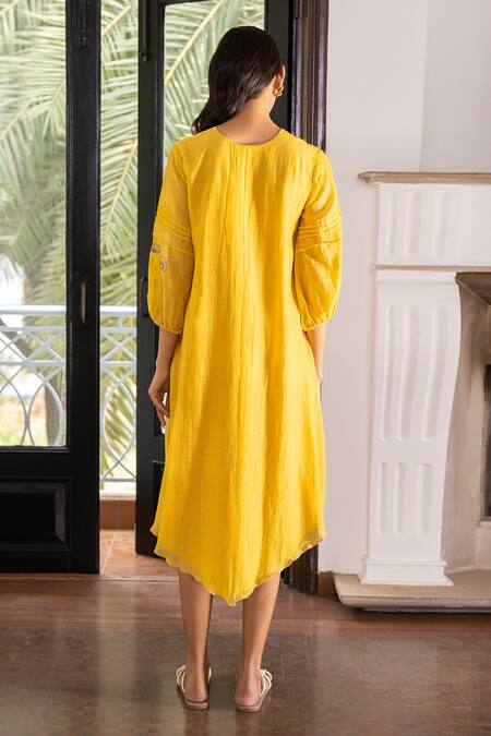 Shop Vaayu Yellow Muslin, Cotton Embroidery, Applique V-neck Rue Floral Dress at Aza Fashions Shop_Vaayu_Yellow Muslin, Cotton Embroidery, Applique V-neck Rue Floral Dress_at_Aza_Fashions