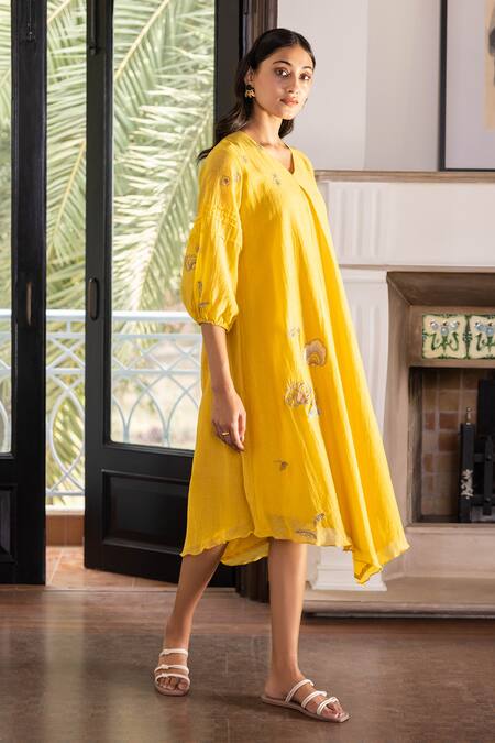 Vaayu Yellow Muslin, Cotton Embroidery, Applique V-neck Rue Floral Dress at Aza Fashions Vaayu_Yellow Muslin, Cotton Embroidery, Applique V-neck Rue Floral Dress_at_Aza_Fashions