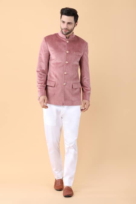 Manish Nagdeo_Pink Velvet, Lycra, Cotton Bandhgala With Trouser _Online_at_Aza_Fashions