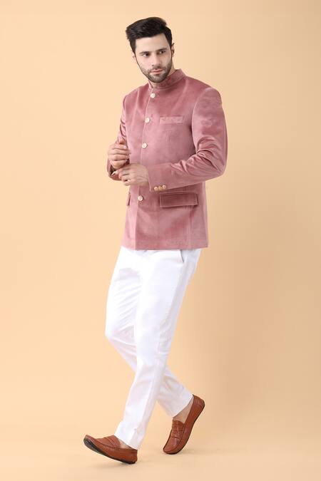 Manish Nagdeo_Pink Velvet, Lycra, Cotton Bandhgala With Trouser _at_Aza_Fashions