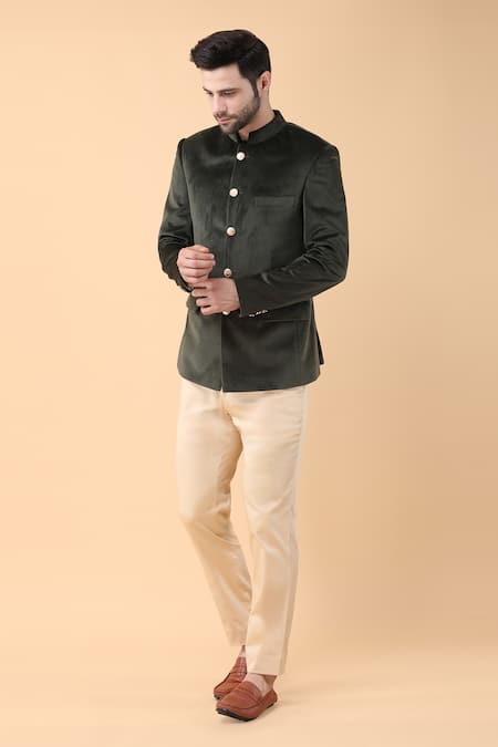 Buy_Manish Nagdeo_Green Velvet, Lycra, Cotton Solid Bandhgala With Trouser _Online_at_Aza_Fashions